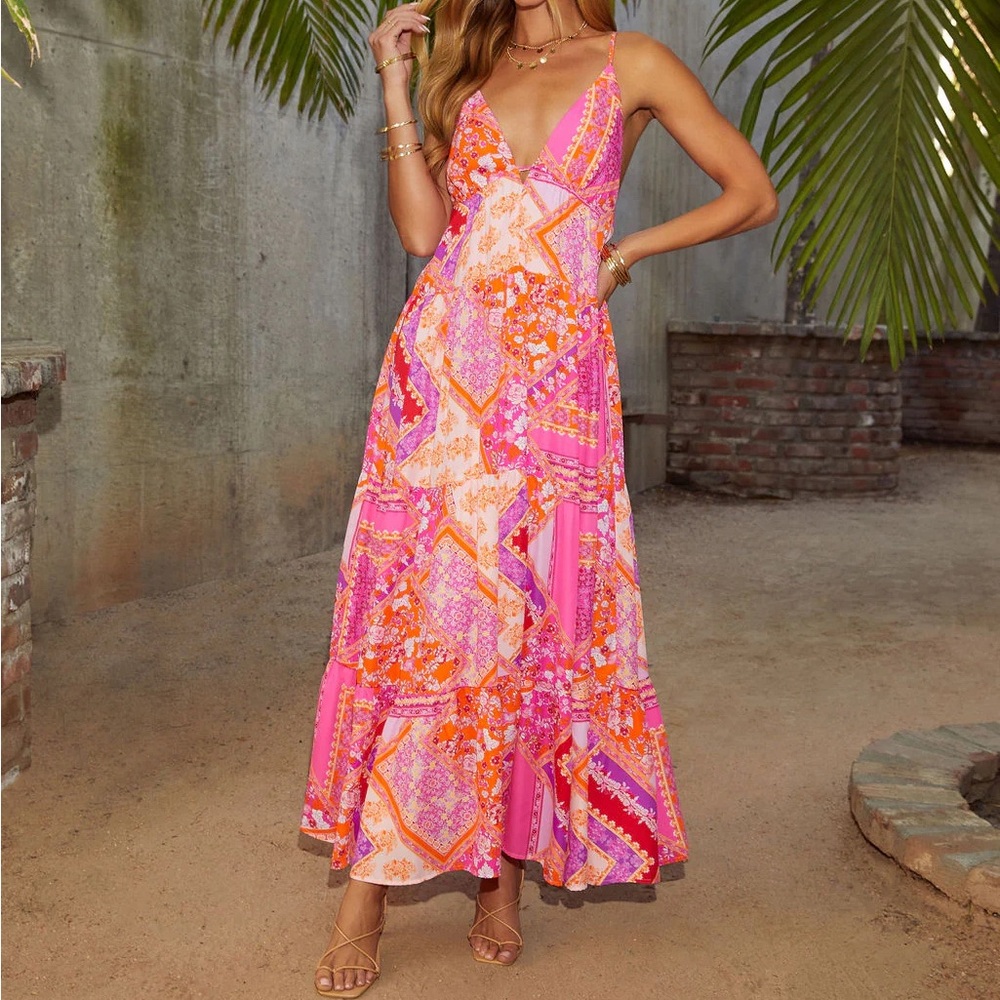 NEW Vici Mahana V-Neck Printed Tiered Maxi Dress